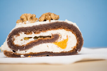 Sweet roulade. Tasty food with coffee.