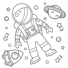 Coloring Page Outline Of a cartoon rocket with astronaut in space. Coloring book for kids.