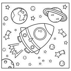 Coloring Page Outline Of a cartoon rocket in space. Coloring book for kids.