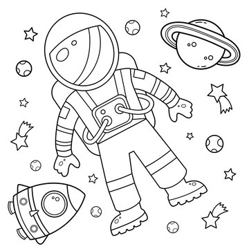 Coloring Page Outline Of a cartoon rocket with astronaut in space. Coloring  book for kids. Stock Vector | Adobe Stock