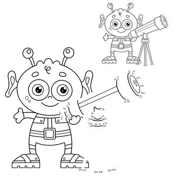 Puzzle Game for kids: numbers game. Coloring Page Outline Of cartoon little alien with telescope. Coloring book for children.