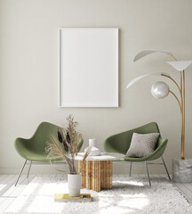 mock up poster frame in modern interior background, living room, Scandinavian style, 3D render, 3D illustration