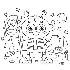 Coloring Page Outline Of a cartoon little alien with flag on planet. Space. Coloring book for kids.