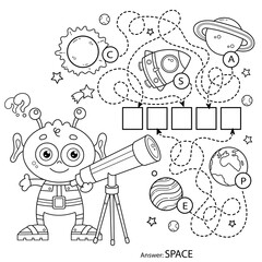 Maze or Labyrinth Game for Preschool Children. Puzzle. Tangled Road. Coloring Page Outline Of Cartoon alien with telescope. Space. Coloring book for kids.
