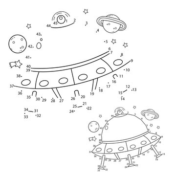 Puzzle Game for kids: numbers game. Coloring Page Outline of cartoon flying saucer. Coloring book for children.