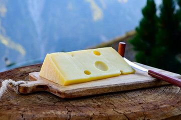 Cheese collection, French emmental de savoie cheese with round holes served outdoor in Savoy region, with Alpine mountains peaks on background