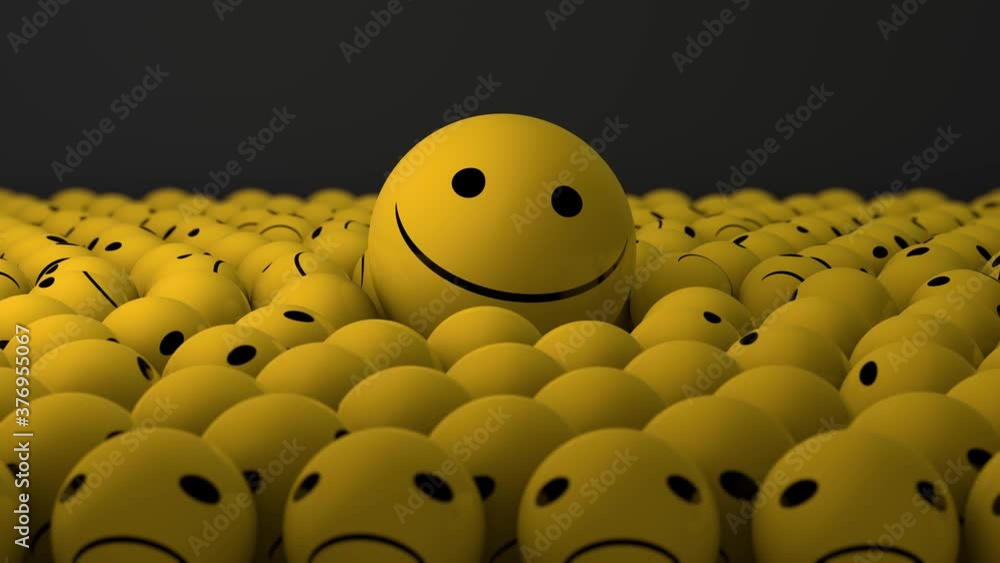 Poster 3d animation of many emoticons with dissatisfied facial expressions and one appears with a smile. ad