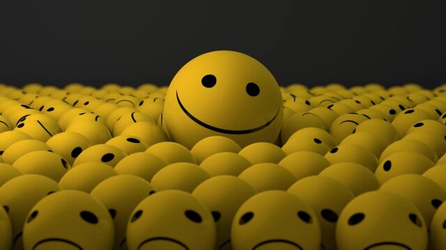 3D animation of many emoticons with dissatisfied facial expressions and one appears with a smile. advantages of optimism.