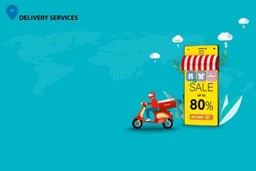 Fototapeta premium Concept of delivery services, scooter man is preparing to deliver the goods to customer that ordered from the application on mobile in green color background. Vector 3D design.