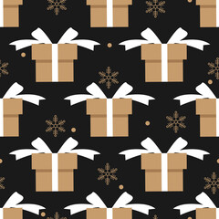 Christmas holiday elements seamless pattern of gift box and snowflakes on black background. Design for winter holiday season background and wrapping papers etc.