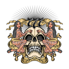 Gothic sign with skull and sexy tattooed girls, grunge vintage design t shirts
