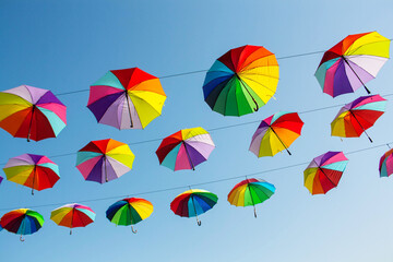 Fototapeta na wymiar Multi-colored umbrellas on the blue sky background. Colorful autumn concept