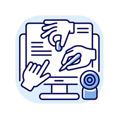 All hands meeting blue RGB color icon. Online collaborative project. Work together in internet. Remote connection with colleague. Share business document. Isolated vector illustration