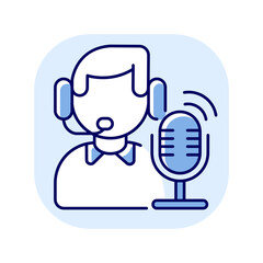 Broadcast blue RGB color icon. Radio stream. Online podcast presenter. Person record audio. Communication and information transmission. Wireless network for signal. Isolated vector illustration