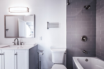 Freshly renovated bathroom with shower, toilet, mirror, faucet and sink