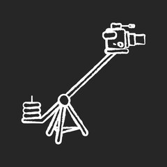 Camera crane chalk white icon on black background Shoot reportage in studio. Professional television shooting. Heavy weight equipment for filmmaking. Isolated vector chalkboard illustration