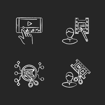 Movie making chalk white icons set on black background. Mobile phone editing. Film making software on smartphone. Professional screenwriter. Editor specialist. Isolated vector chalkboard illustrations