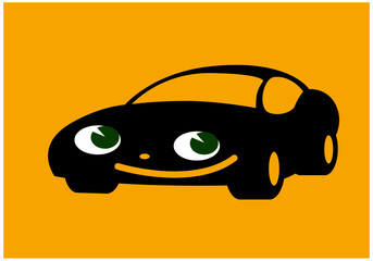black cute car with green eyes. Vector drawing for logo or illustrations.