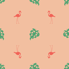 Fototapeta premium Seamless pattern with red flamingos, green leaves on a light orange background. Vector illustration for design packaging, wallpaper, fabric, textile, stationery, accessories.
