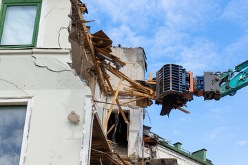 demolition, excavator, machine, house, building, rubble, building site, construction, window, roof,...