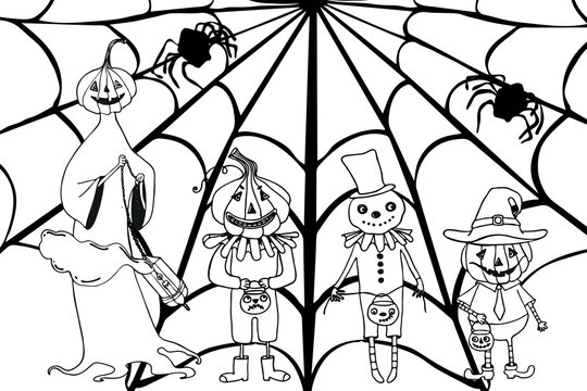Coloring book for Halloween. Cartoon pumpkin, bats and spiders with cobwebs.