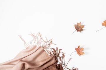 Autumn creative composition. Dry leaves, beige plaid on white background. Fall concept. Autumn background. Flat lay, top view, copy space