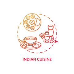Indian cuisine concept icon. Delicious traditional spicy meals. National restaurant menu from india. Variety of foods idea thin line illustration. Vector isolated outline RGB color drawing