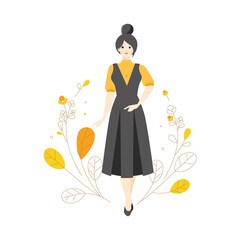 Fototapeta na wymiar Fashion Model character Style Pose Flower Botanical Illustration Wearing Jumpsuit Vintage Dress