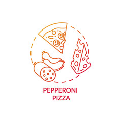 Pepperoni pizza concept icon. Hot pizzeria meal. Delicious sausages and creamy cheese toppings. Spicy cafe dishes idea thin line illustration. Vector isolated outline RGB color drawing