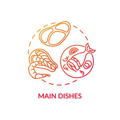 Main dishes concept icon. Awesome meal types to choose. Different fresh meat variety. Incredible restaurant menu idea thin line illustration. Vector isolated outline RGB color drawing