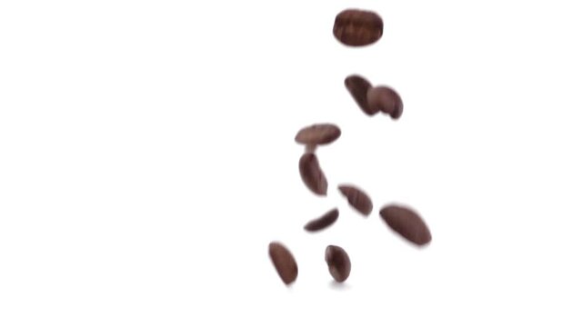 CASCATA  DI CHICCHI DI CAFF&egrave;, PIOGGIA DI CAFF&egrave; CHE RIMBALZA SULLO SFONDO BIANCO. REGISTRATO IN SLOW MOTION 500 FPS