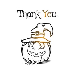 Thank you poster halloween theme. Hand drawn style pumpkin using witcher hat. Vector background design. Perfect for poster, banner and greeting card.