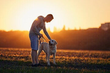 Man with dog at beautiful sunset