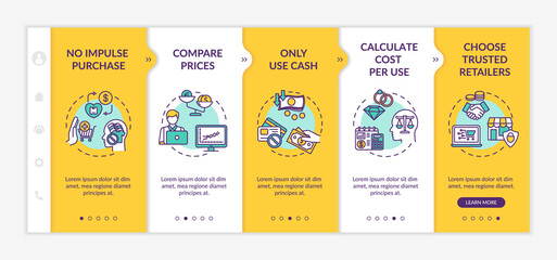 Smart spender tips onboarding vector template. Financial education. Way to become wealthy. Responsive mobile website with icons. Webpage walkthrough step screens. RGB color concept