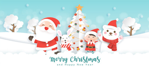 Merry Christmas and happy new year banner with cute Santa and friends in the snow forest.