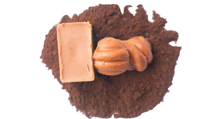 Close-up of a few ounces of chocolate on cocoa powder. On a white background