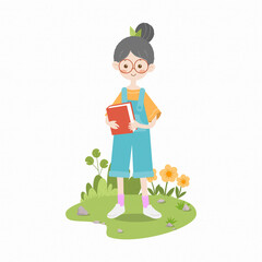 Girl holding book in jumpsuit children simple illustration