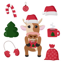 Christmas bull and Christmas ball decoration, set of Christmas tree, mug, Lollipop, mittens, Santa hat. New year's bull with a Cup of coffee