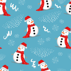 Seamless pattern with cute Snowman on blue background, suitable for wrapping, Wallpaper, decorative paper, vector illustration