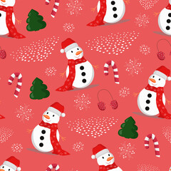 Seamless pattern with cute snowmen, snowflakes and Christmas tree