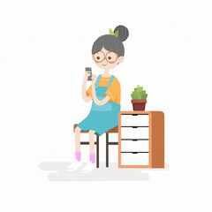 Cute girl holding smartphone children book illustration