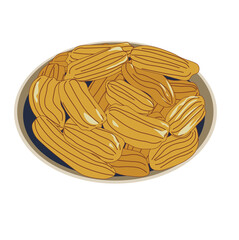 Vector stock illustration of tulumba. Turkish dessert for Breakfast. Traditional cuisine of the East. Choux pastry eclairs. Cookies on a plate. Homemade cake. Isolated on a white background.