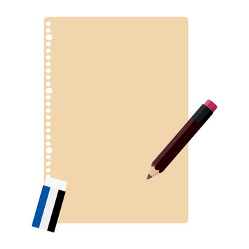茶色のルーズリーフと鉛筆とけしごむのイラスト素材　紙　メモ　文書　書類　ワンポイントベクター