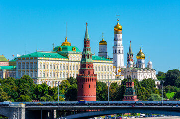 Fototapeta na wymiar Moscow Kremlin with Grand Kremlin palace, Ivan the Great Bell tower and Spasskaya tower, Russia