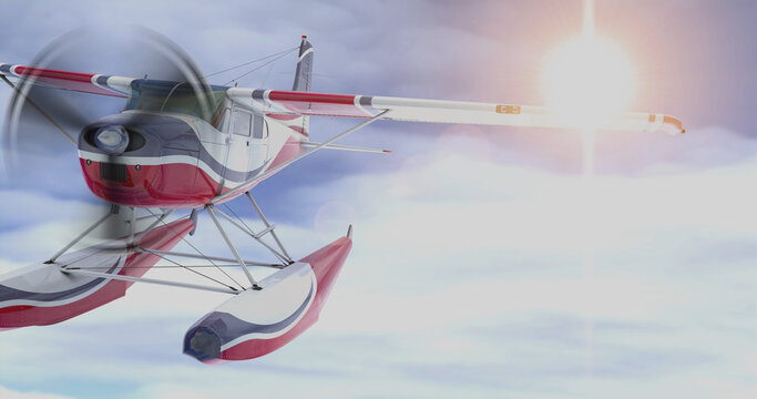 Retro seaplane. 3D render. Against the sky