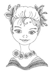 Pretty woman portrait. Beautiful girl with flowers on hair. Hand drawn picture. Sketch for anti-stress adult coloring book. Vector illustration for coloring page. Fashion illustration.