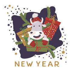 greeting card with a bull bull gifts fir branches and the inscription happy new year