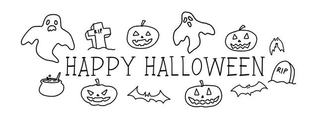 HAPPY HALLOWEEN. Handdrawn lettering text Halloween logo. Black and white doodle illustration. Halloween vector design banner, elements, badge, label and object. Collection of silhouettes icon.