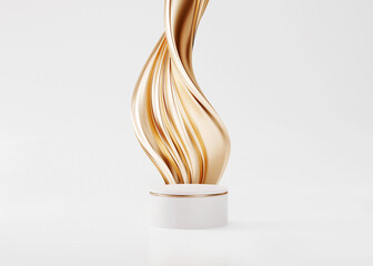 3D pedestal podium with gold liquid swirl flow on white studio background. Golden fluid splash. Single display showcase for beauty product presentation, cosmetics promotion. Abstract mockup, 3D render