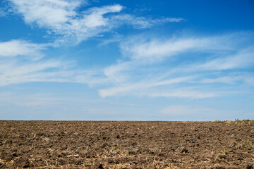 plowed field and blue sky, soil and clouds of a bright sunny day - concept of agriculture